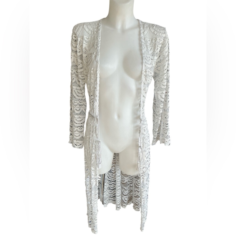 La Vie en Rose Aqua Off White Lacy Open Front Kimono Duster Swim Cover Up Med